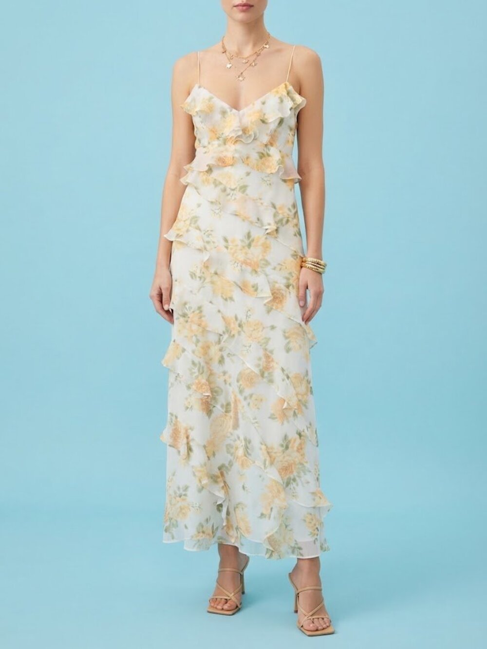 Ever New White with Butter Yellow Floral Ruffle Maxi Dress